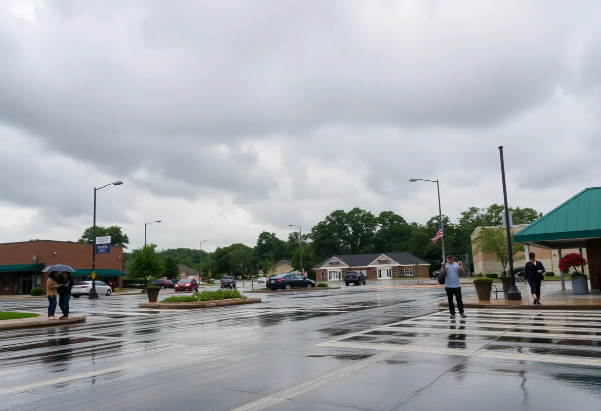 A rainy day in Irmo, SC with people holding umbrellas
