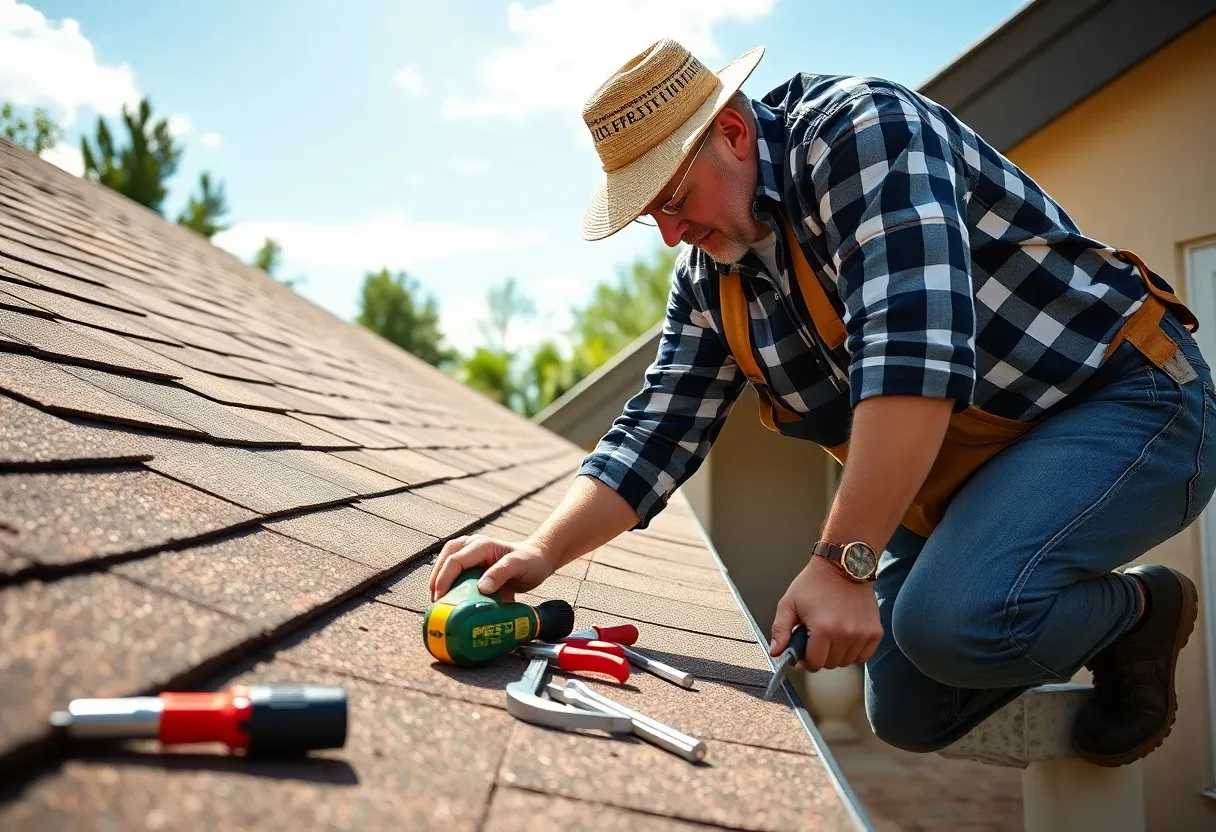 Homeowner installing roof gutters