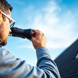 Professional inspecting a roof with binoculars