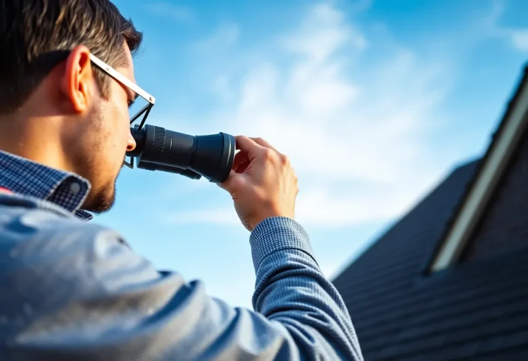 Professional inspecting a roof with binoculars
