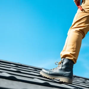 Person using roof safety gear, including a harness and helmet, while working on a rooftop.