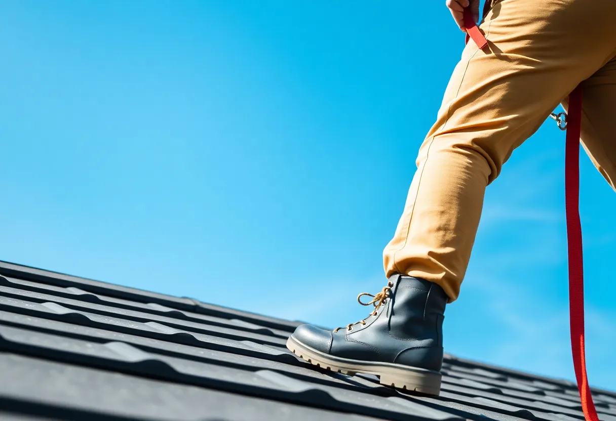 Person using roof safety gear, including a harness and helmet, while working on a rooftop.