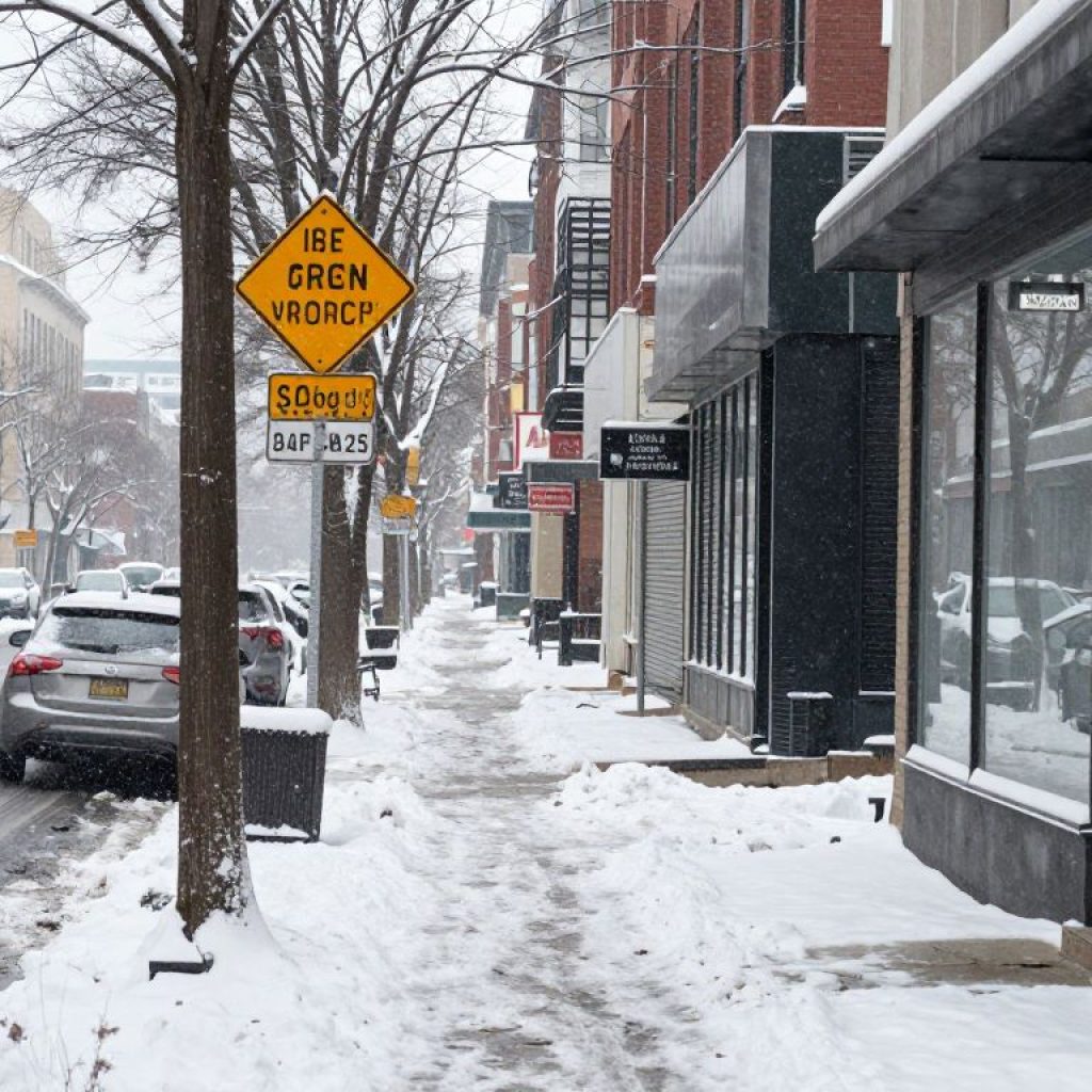 Snow-covered residential area in Columbia following a winter storm.