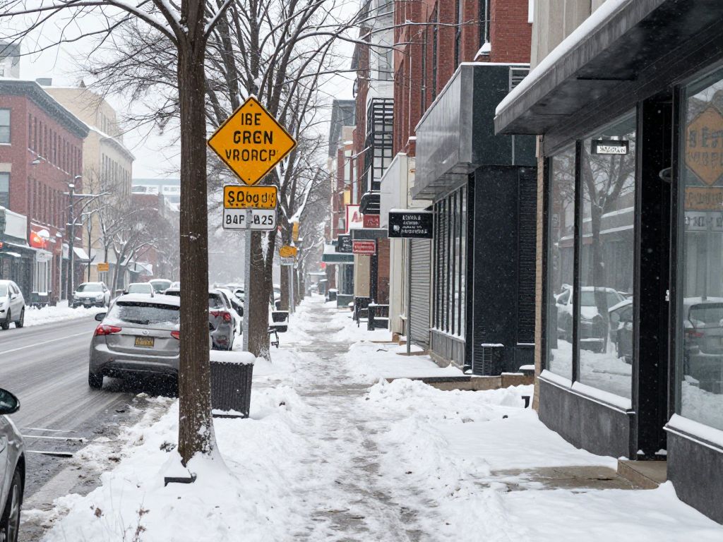 Snow-covered residential area in Columbia following a winter storm.