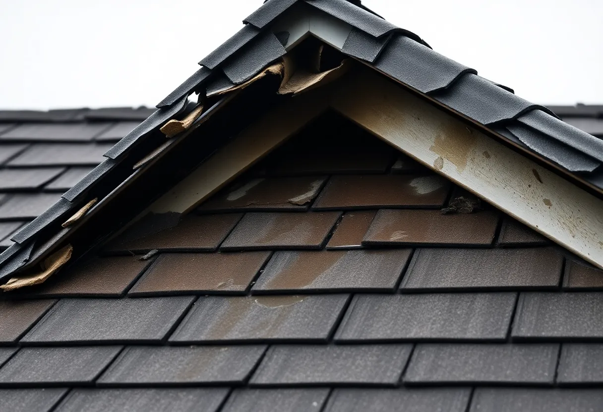 Close-up view of a roof showing water stains and potential leaks.