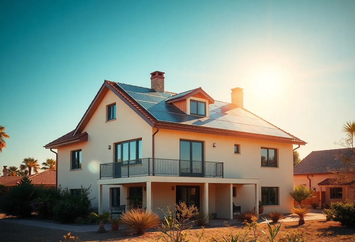 Eco-friendly roofing solution reflecting sunlight on a house in hot climate.