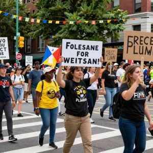 Crowd at Irmo anti-ICE protest holding signs and music instruments.