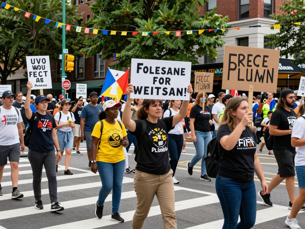 Crowd at Irmo anti-ICE protest holding signs and music instruments.
