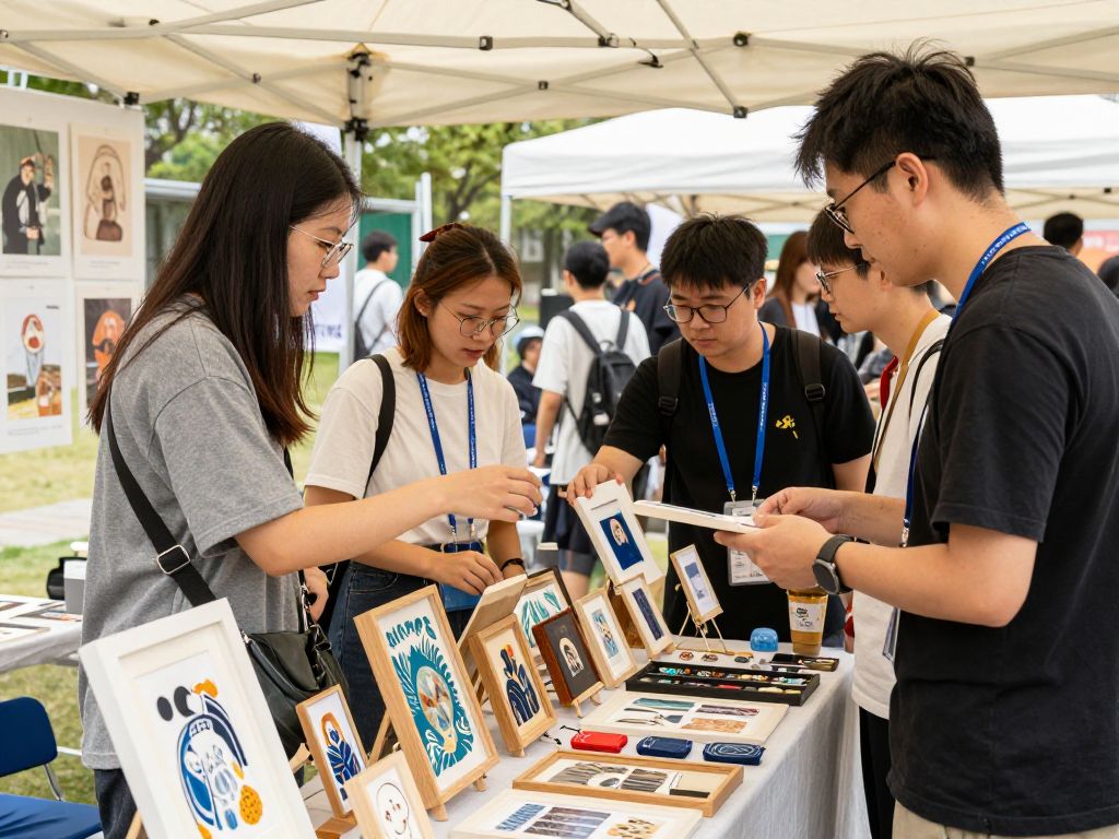 Vibrant scene from Irmo's arts fair showcasing local artisans with unique handmade crafts.