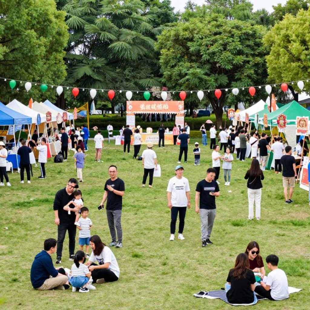 A lively festival in Irmo Community Park with families and friends enjoying various activities.
