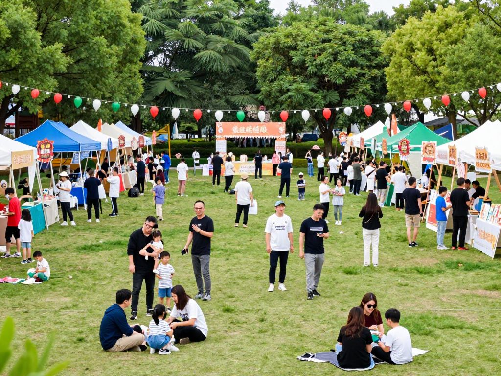 A lively festival in Irmo Community Park with families and friends enjoying various activities.