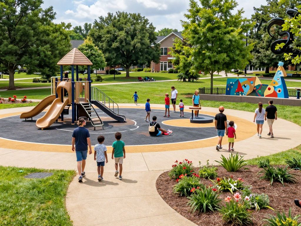 Families enjoying the newly developed Irmo Community Park with playground and green spaces.