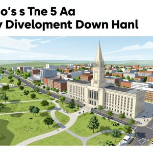 An artistic representation of the development plans in Irmo showcasing community parks and civic structures.