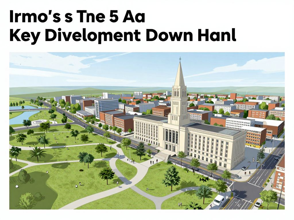 An artistic representation of the development plans in Irmo showcasing community parks and civic structures.