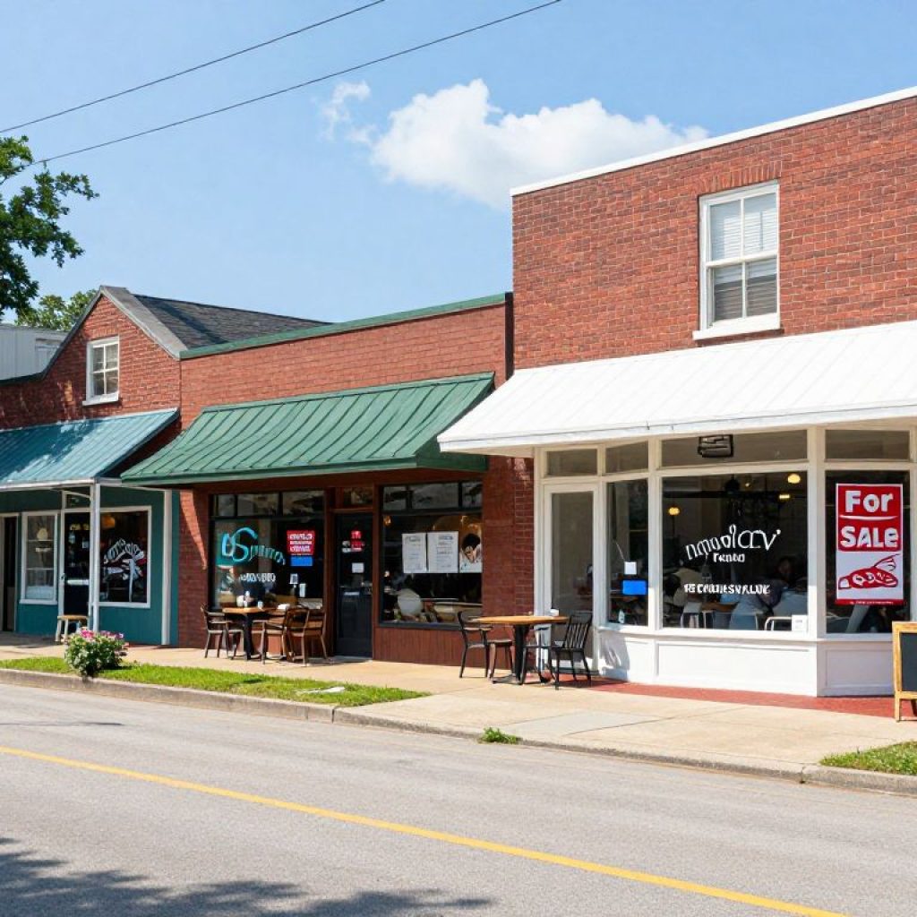 A street view of Irmo featuring diverse dining locations and a commercial property for sale.