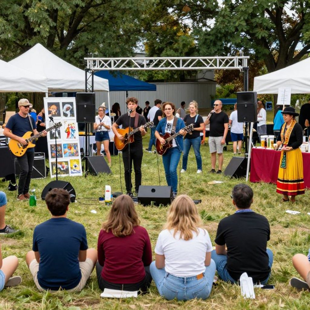 Attendees enjoying the Irmo Festival of Music and Art with live music and art displays.