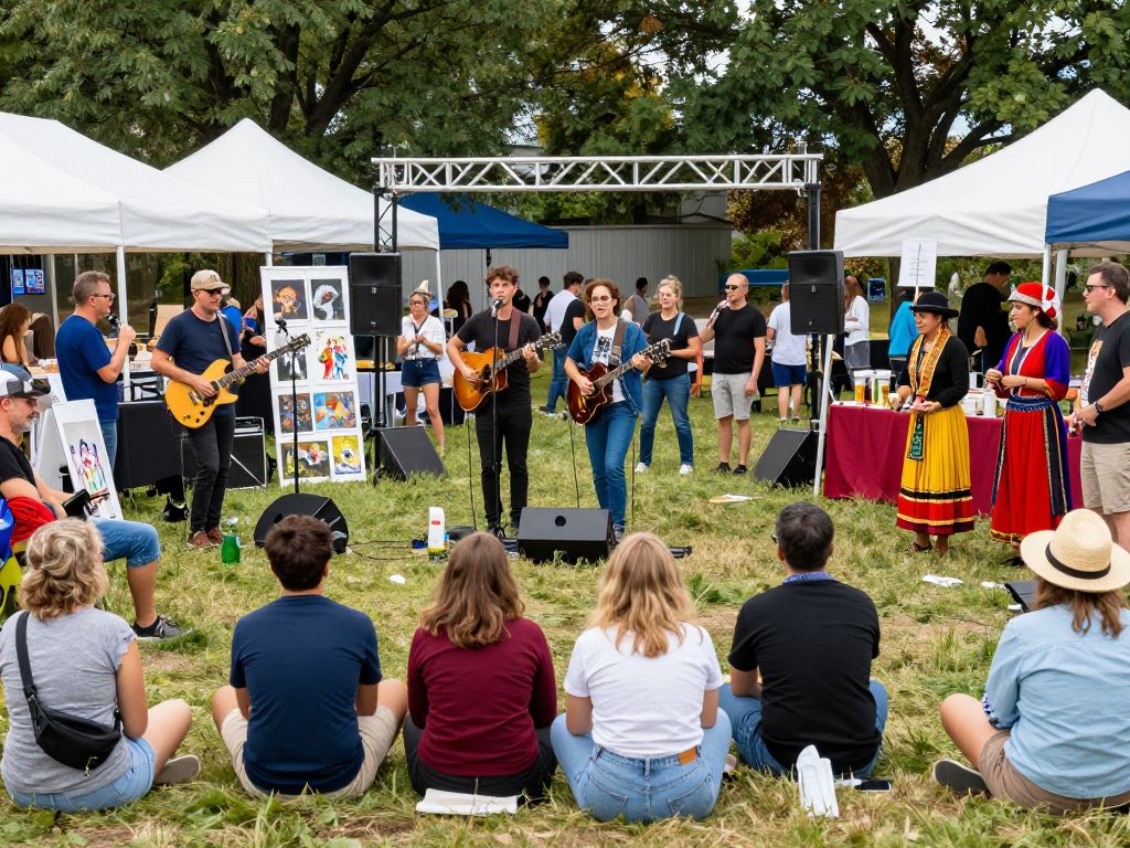 Attendees enjoying the Irmo Festival of Music and Art with live music and art displays.