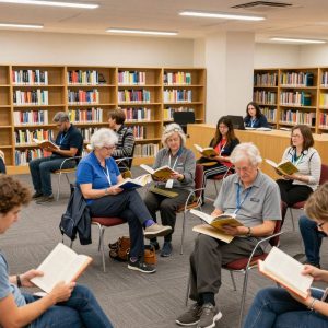 Community members engaging in reading and discussions at Irmo Library.