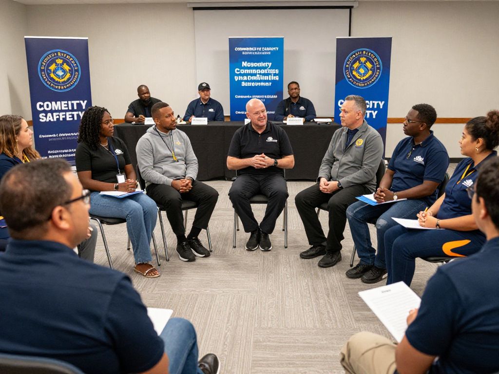 Diverse group of residents participating in public safety discussions in a town hall.