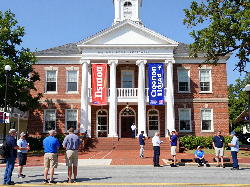 Irmo Town Hall with banners for the mayoral election