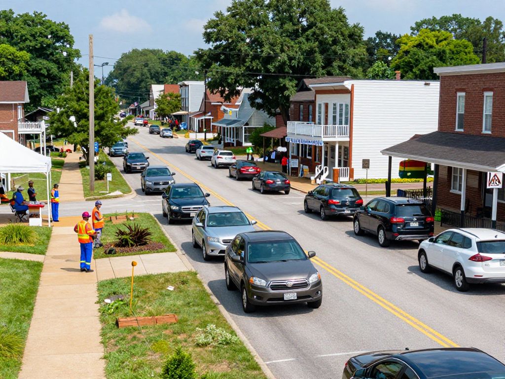 Irmo town road with traffic improvement signage and community members discussing safety measures.