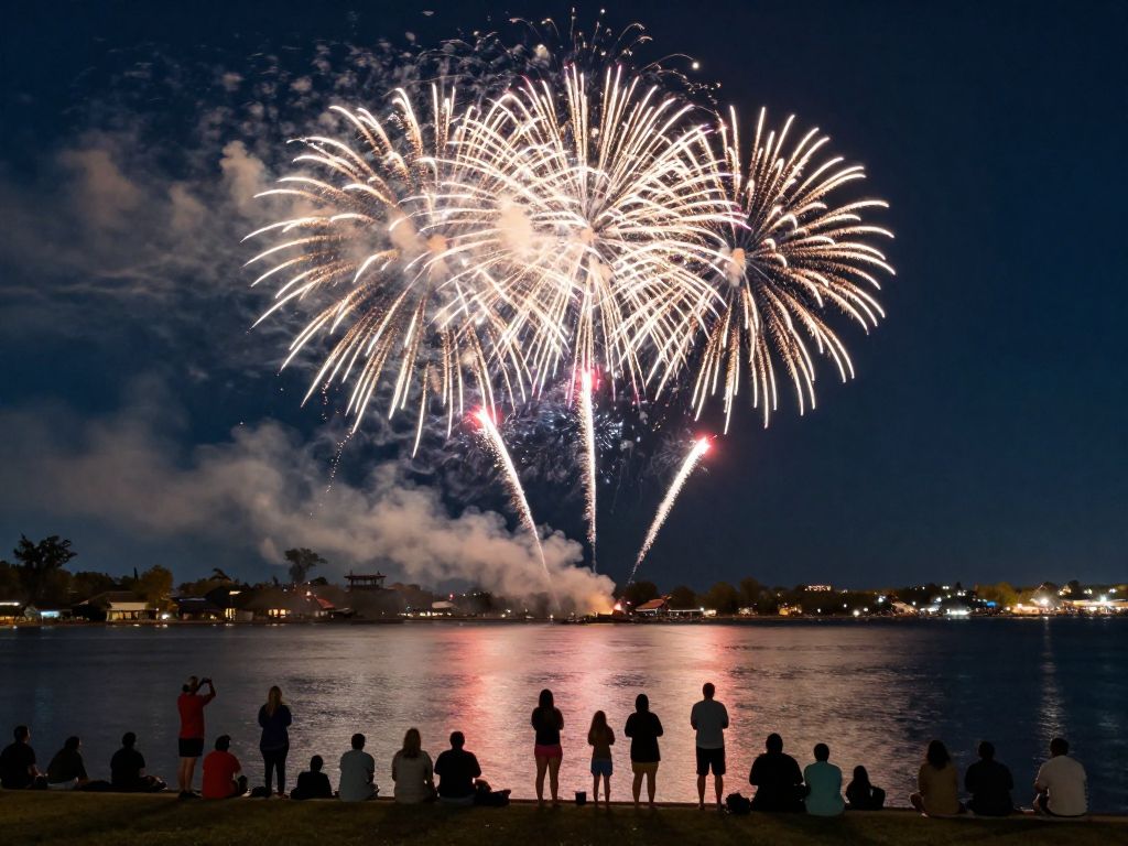 Fireworks lighting up the night sky over Lake Murray during New Year celebrations.