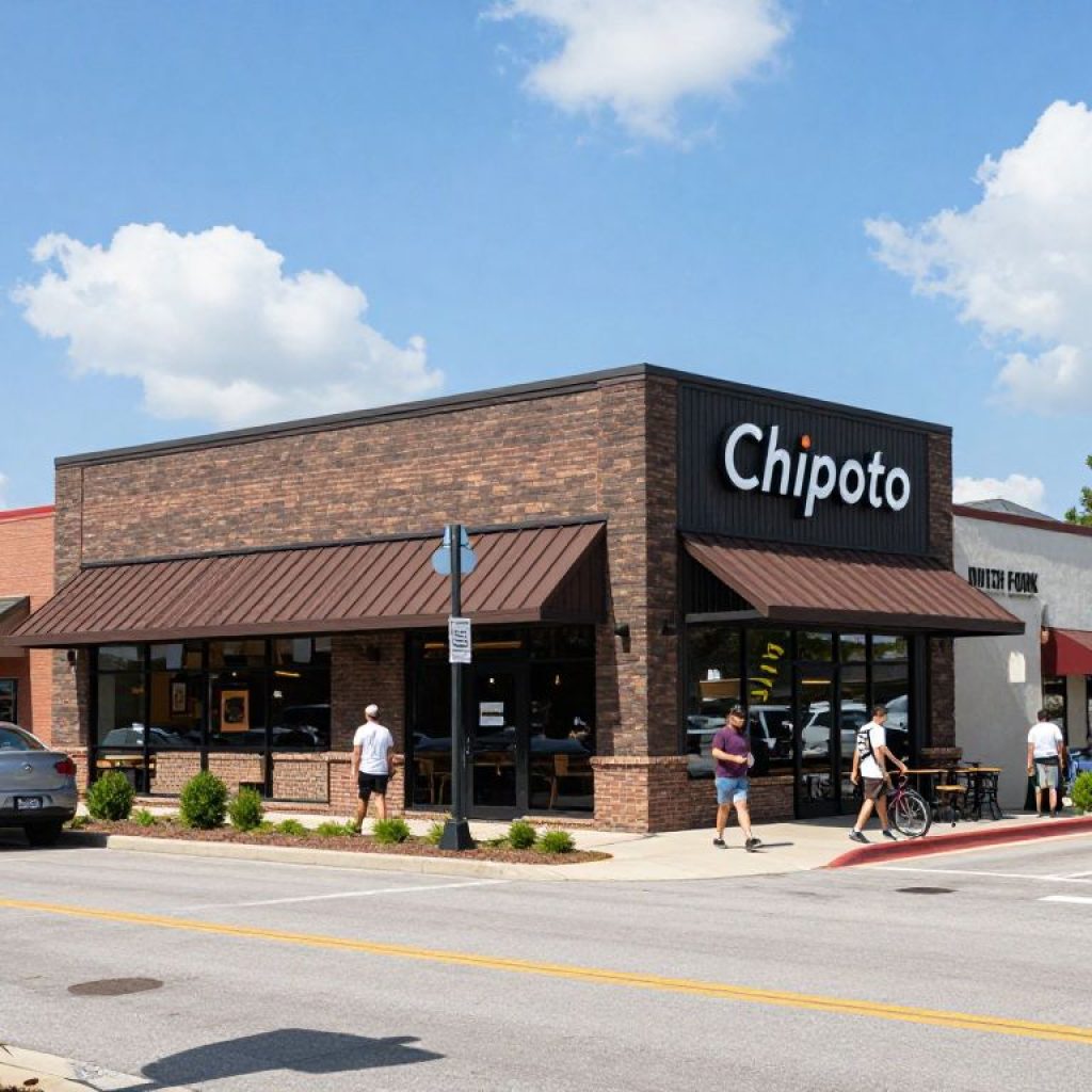 New Chipotle restaurant in Irmo SC with busy traffic on Dutch Fork Road.
