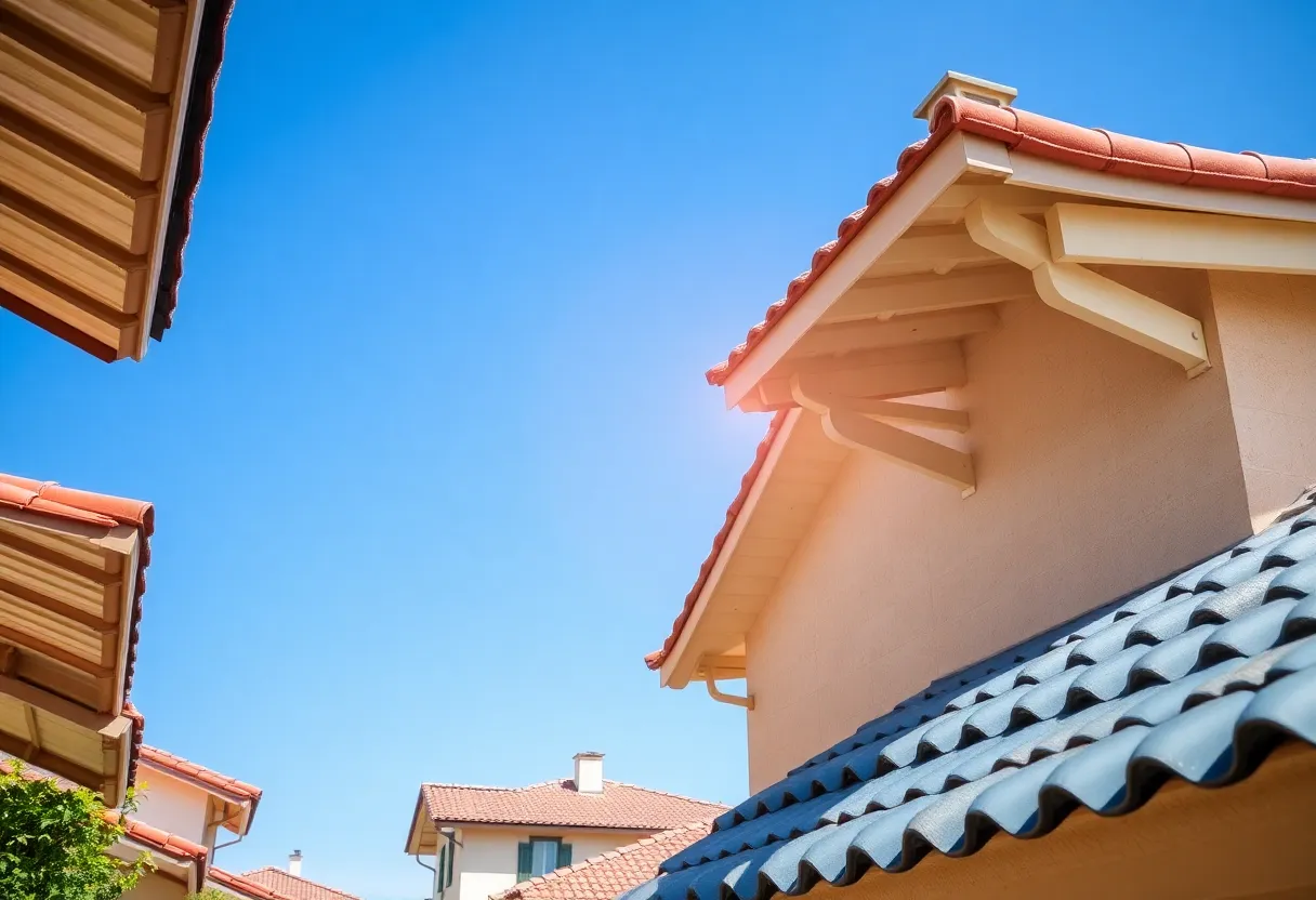 Various roofing materials suitable for hot climates including metal, clay, and concrete tiles under a bright sky.