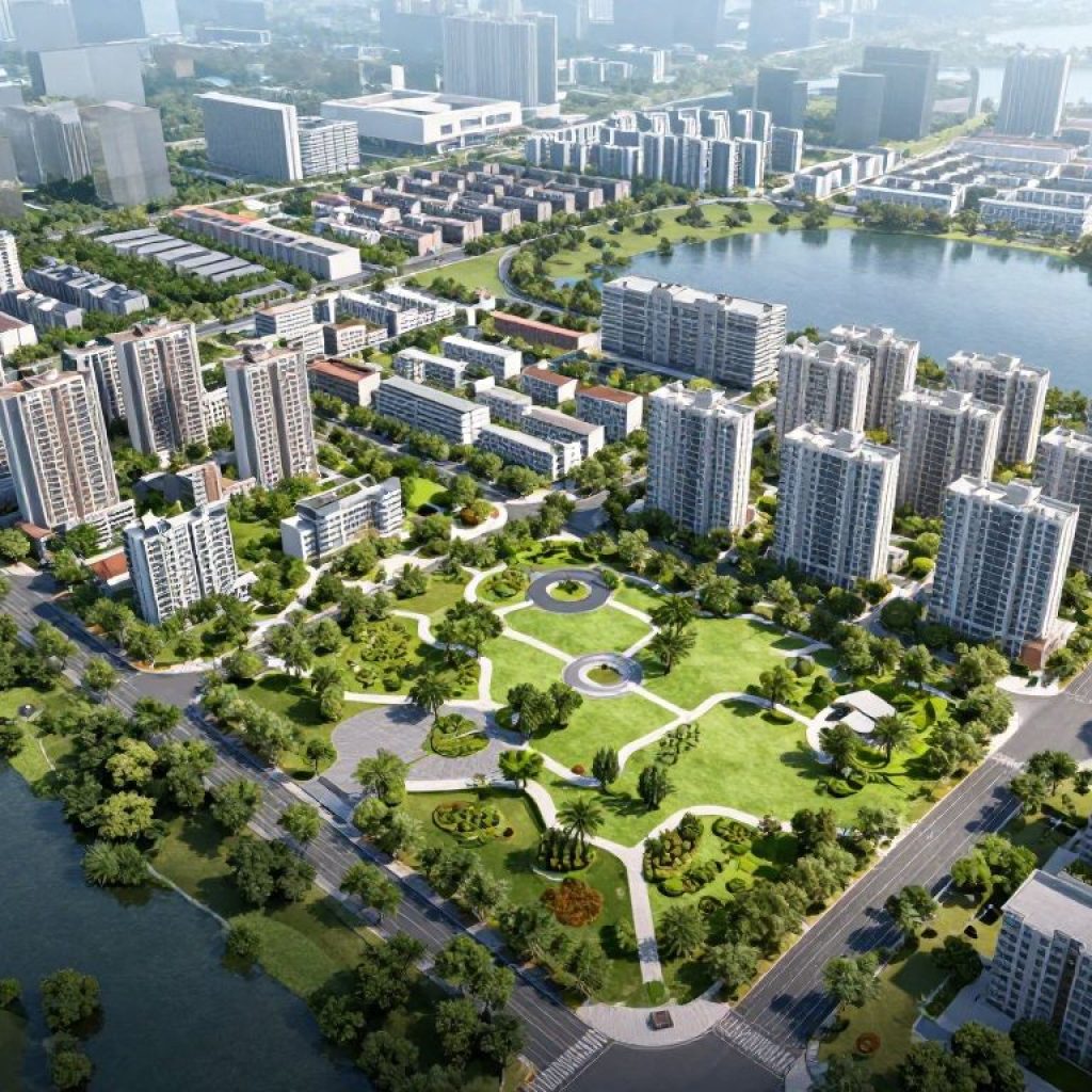 Conceptual layout of the Water Walk development with green spaces and mixed-use areas