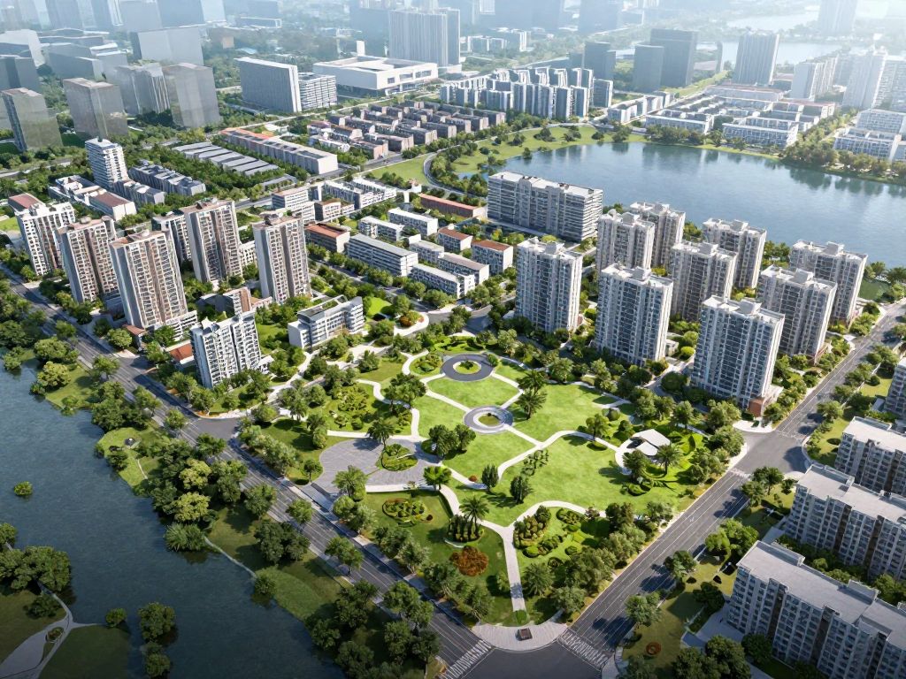 Conceptual layout of the Water Walk development with green spaces and mixed-use areas