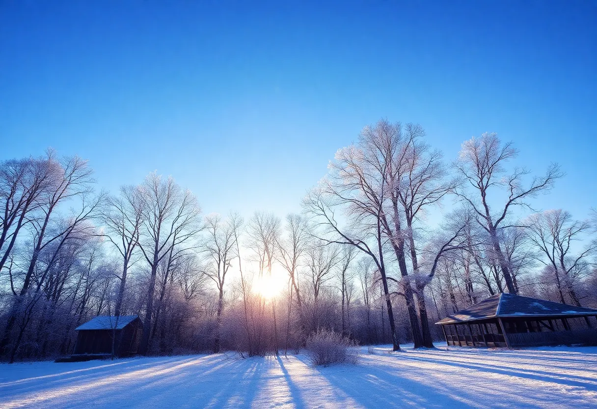 A clear winter morning scene in Irmo, SC with frost on trees
