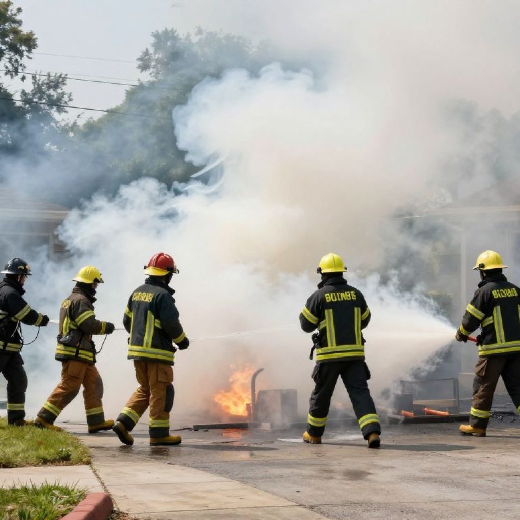 Firefighters in action extinguishing a building fire.