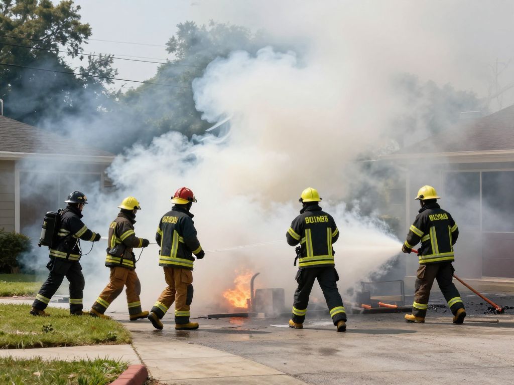 Firefighters in action extinguishing a building fire.