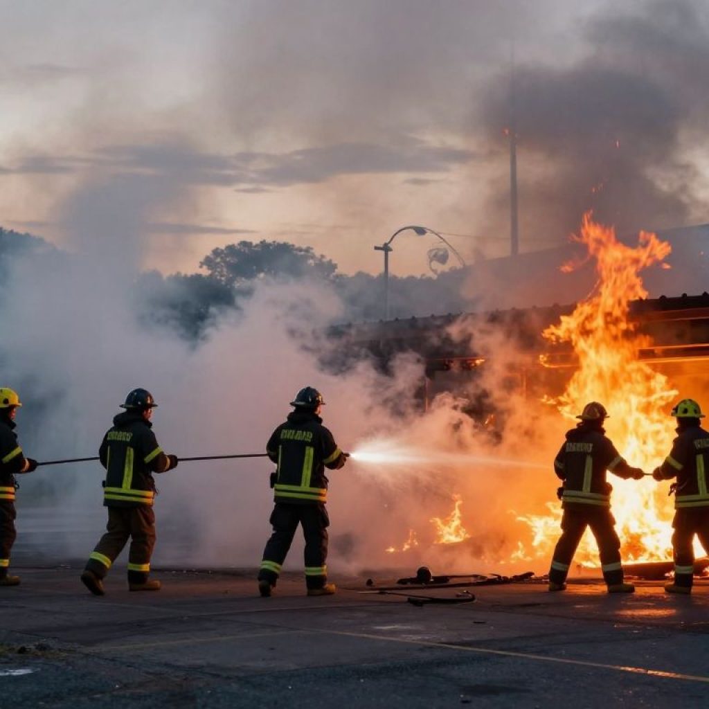 Firefighters fighting a morning blaze in a residential area