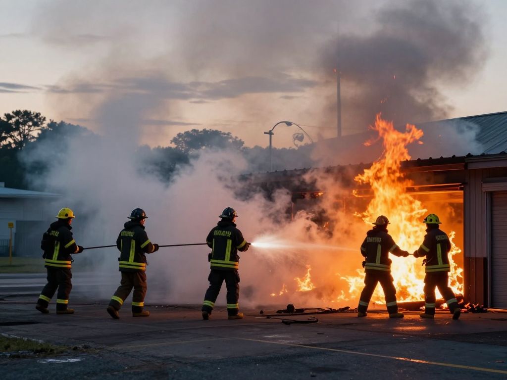 Firefighters fighting a morning blaze in a residential area