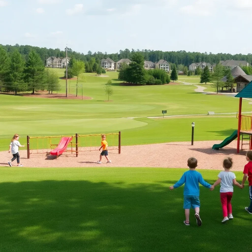 View of a golf neighborhood in Irmo SC featuring a playground and children playing.