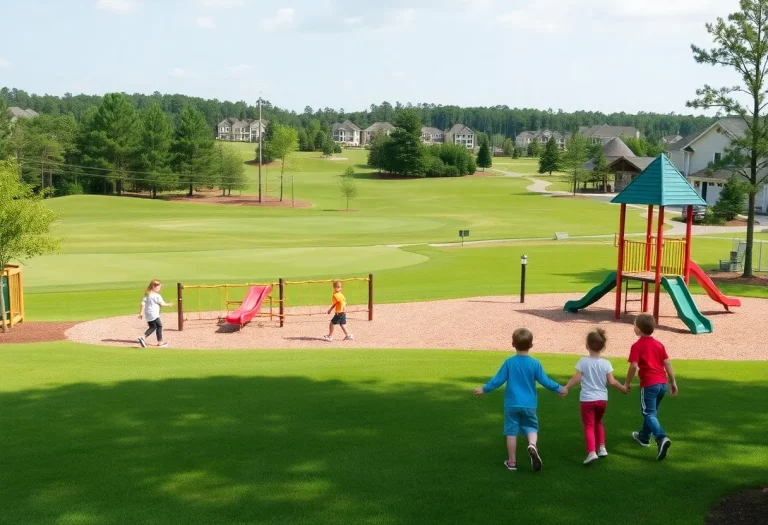 View of a golf neighborhood in Irmo SC featuring a playground and children playing.