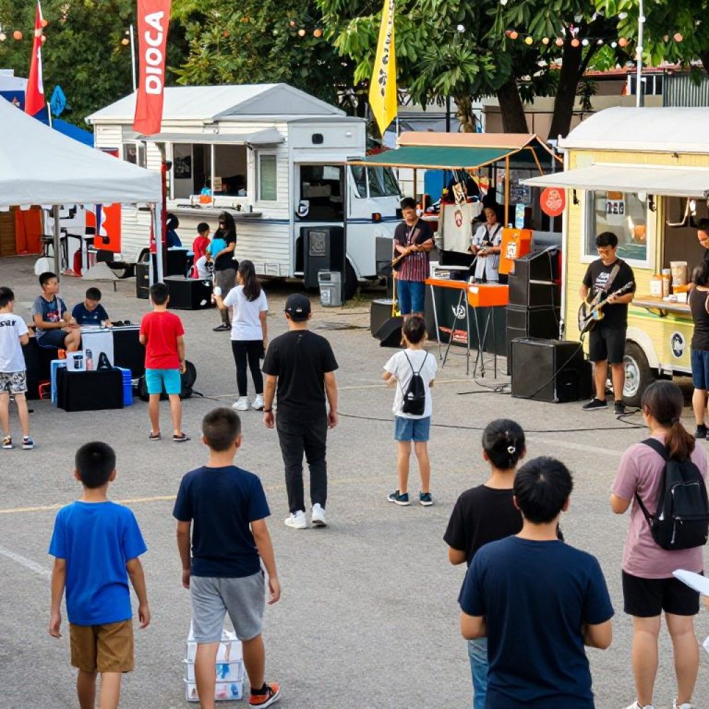 Families at the Irmo block party enjoying live music and food from food trucks.