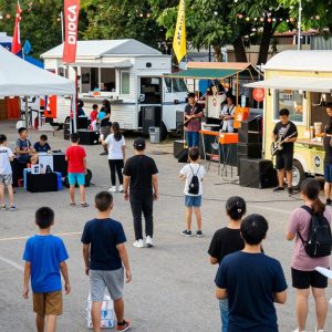 Families at the Irmo block party enjoying live music and food from food trucks.