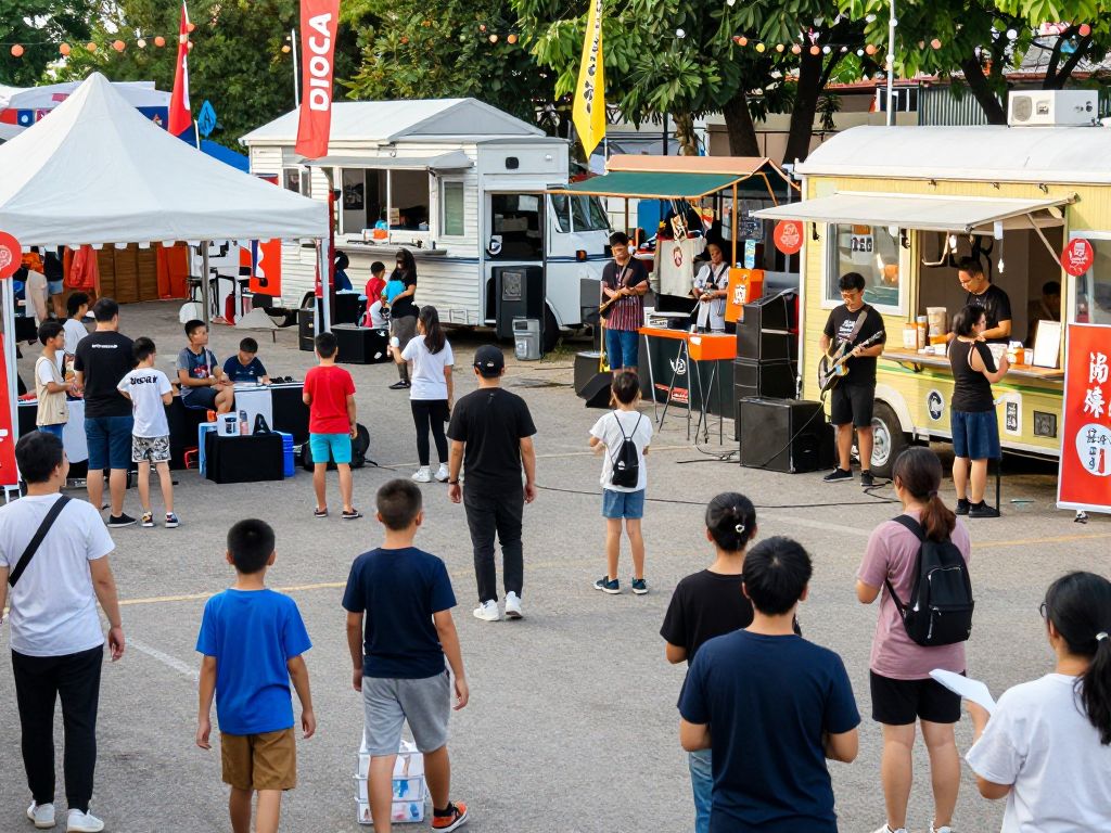 Families at the Irmo block party enjoying live music and food from food trucks.