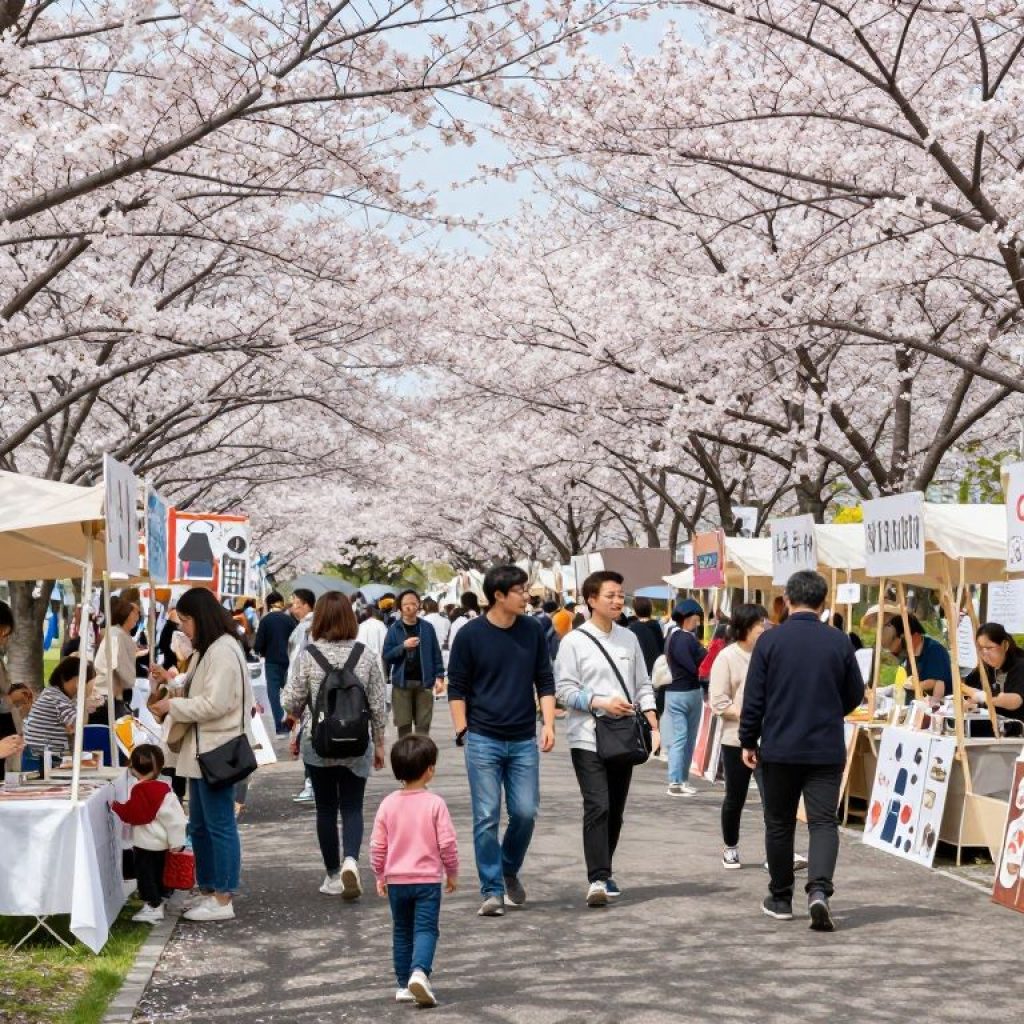 Families enjoying the Irmo Cherry Blossom Festival with cherry blossoms in bloom.