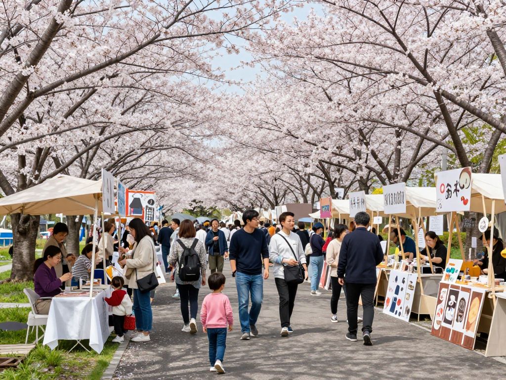 Families enjoying the Irmo Cherry Blossom Festival with cherry blossoms in bloom.