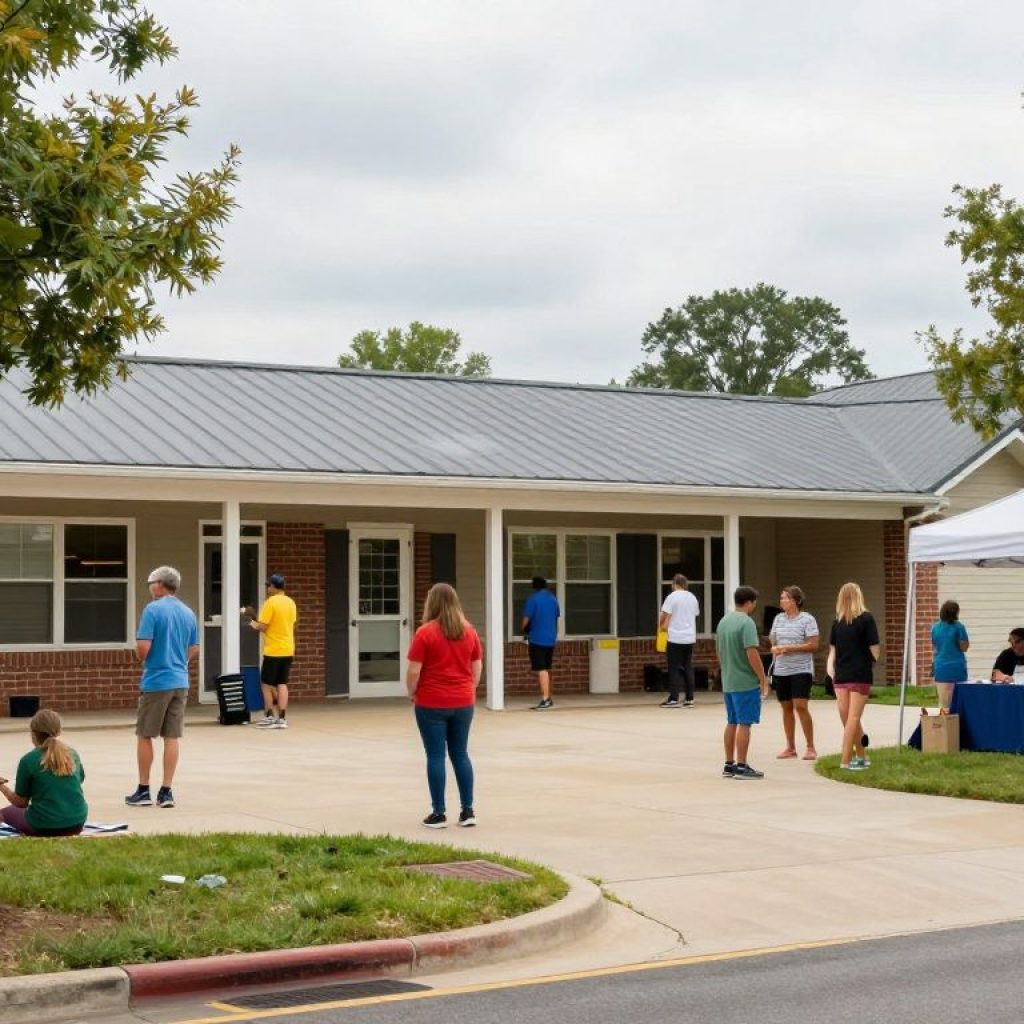 Exterior view of Irmo Community Center with people engaging in activities