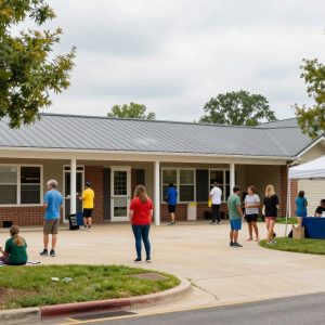 Exterior view of Irmo Community Center with people engaging in activities