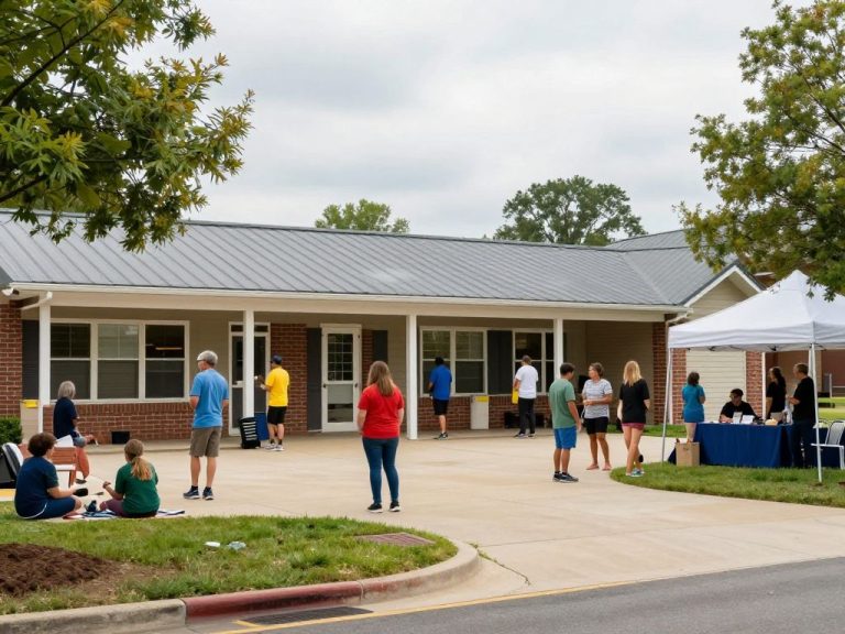 Exterior view of Irmo Community Center with people engaging in activities