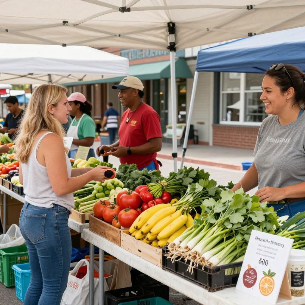 A bustling scene of the Irmo Farmers Market with fresh produce and local goods.