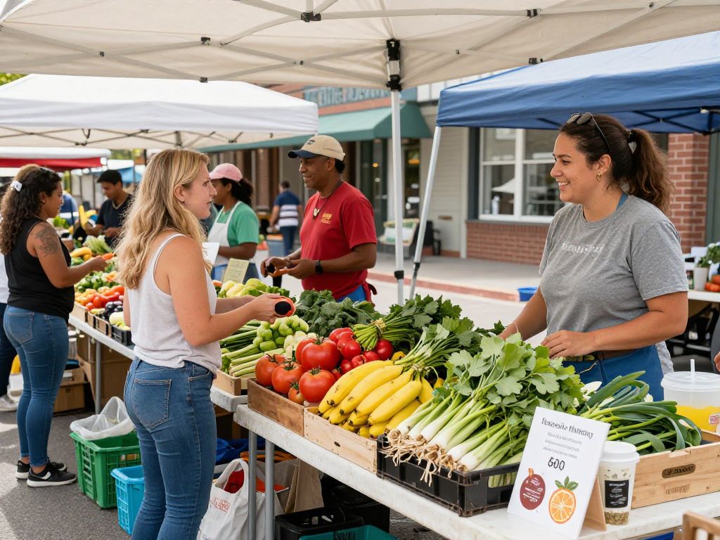 A bustling scene of the Irmo Farmers Market with fresh produce and local goods.