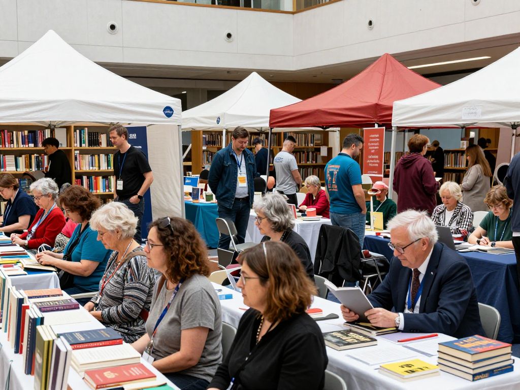 A lively scene from the Irmo Library Book Festival with engaged attendees and local authors.