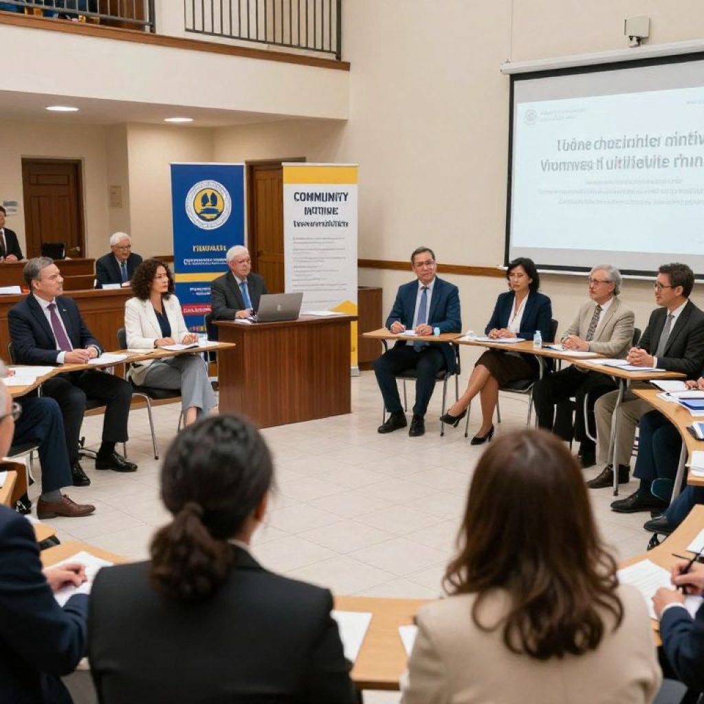 Local leaders engaging in community initiatives in a town hall setting