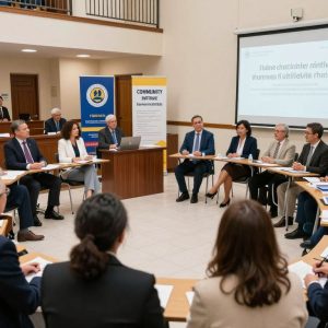 Local leaders engaging in community initiatives in a town hall setting